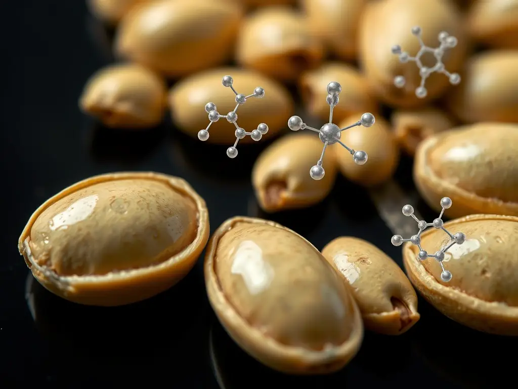 Close-up image of coated seeds with a glossy finish, with molecular diagrams illustrating polymer structures, emphasizing the improved adhesion, controlled release, and protection against environmental stress provided by Sudarshan Organics' custom seed coating polymers.