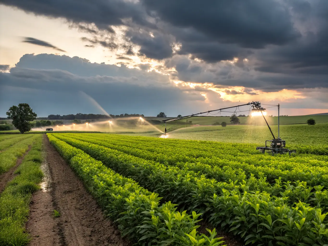 A vibrant, healthy crop field with an overlay of molecular structures representing plant hormones and PGR blends, illustrating the targeted performance and crop-specific nature of Sudarshan Organics' custom PGR formulations.