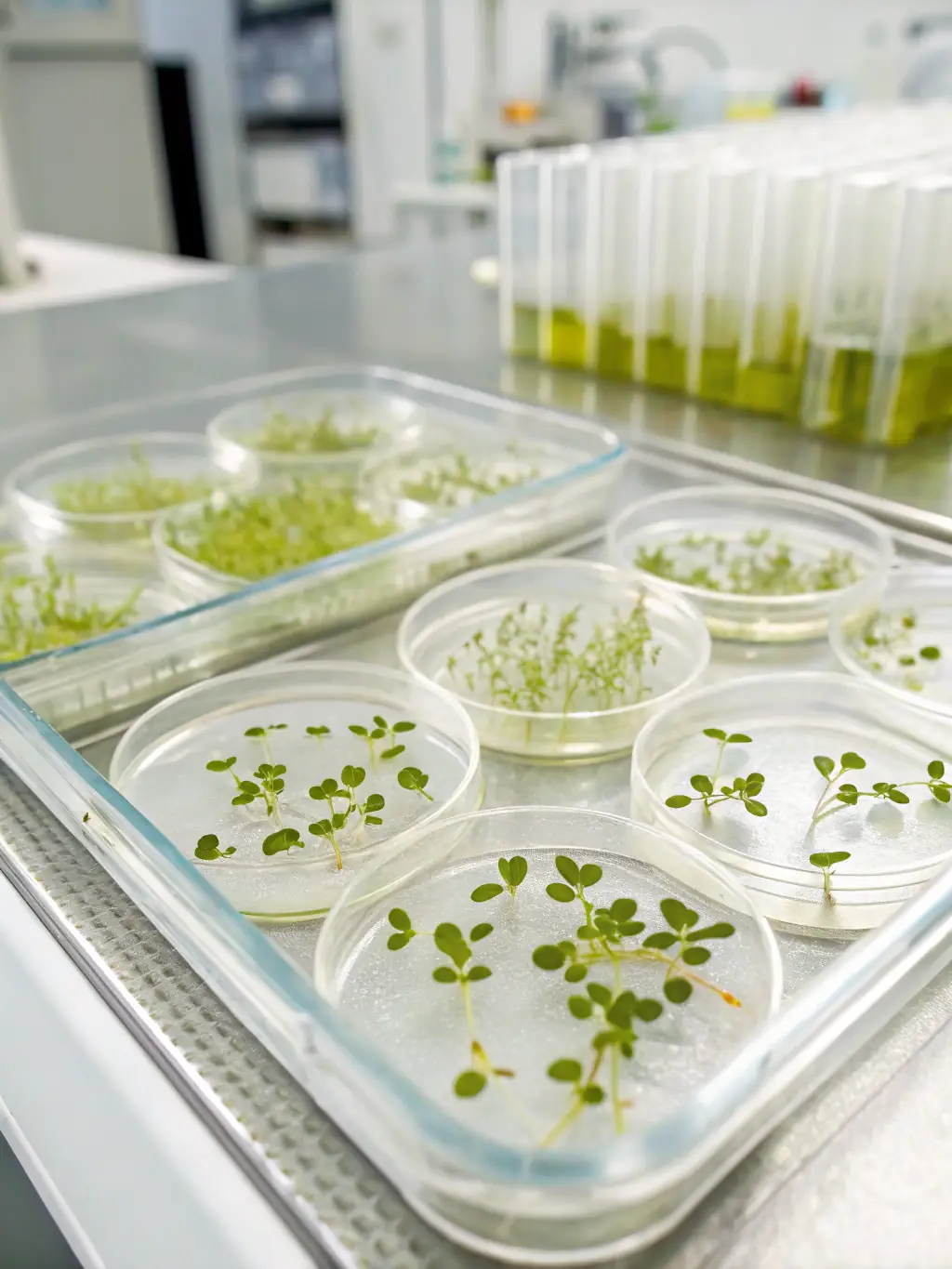 A microscopic view of plant cells showcasing the effects of plant hormones like auxins, gibberellins, and cytokinins on cellular development and growth.