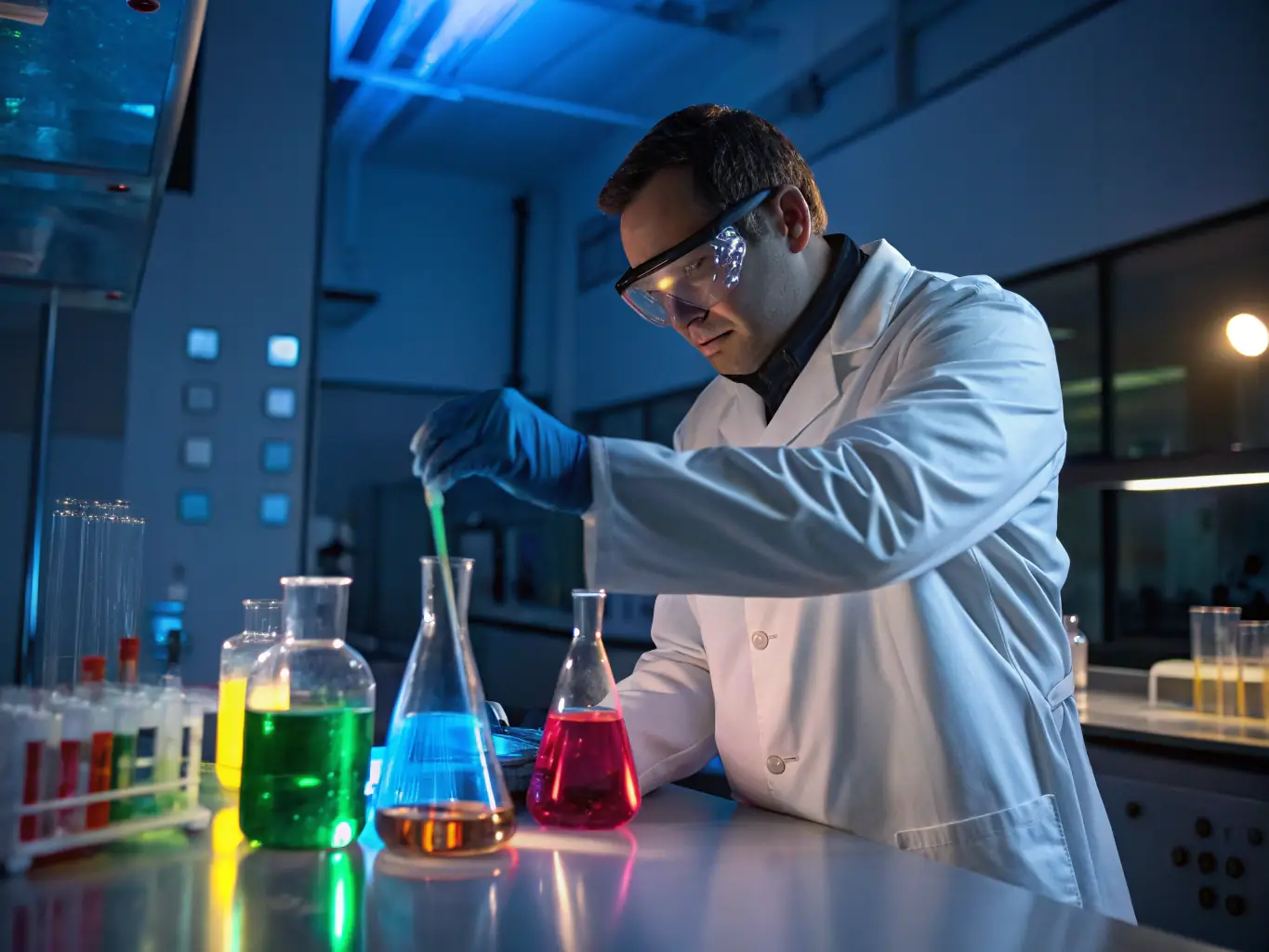 A laboratory technician in a blue lab coat carefully mixing a custom emulsifier blend in a beaker, with chemical containers and molecular structures subtly overlaid in the background, showcasing the precision and scientific approach of Sudarshan Organics.
