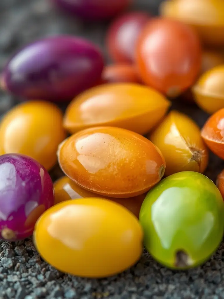 Seeds coated with vibrant polymers, highlighting the film-coating, adhesion, flowability, and dust-control properties of Sudarshan Organics' seed coating solutions.